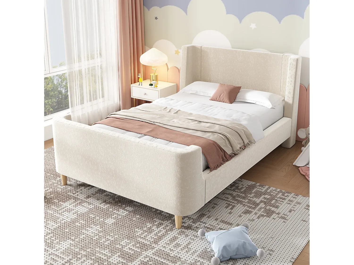 Samt-Polsterbett 90x200 cm mit Kopfteil, Kosmisches Muster, Beige-decoravito.com