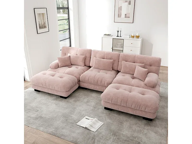 Modulares Ecksofa Groß - Beige Chenille mit Hockern und Kissen-decoravito.com