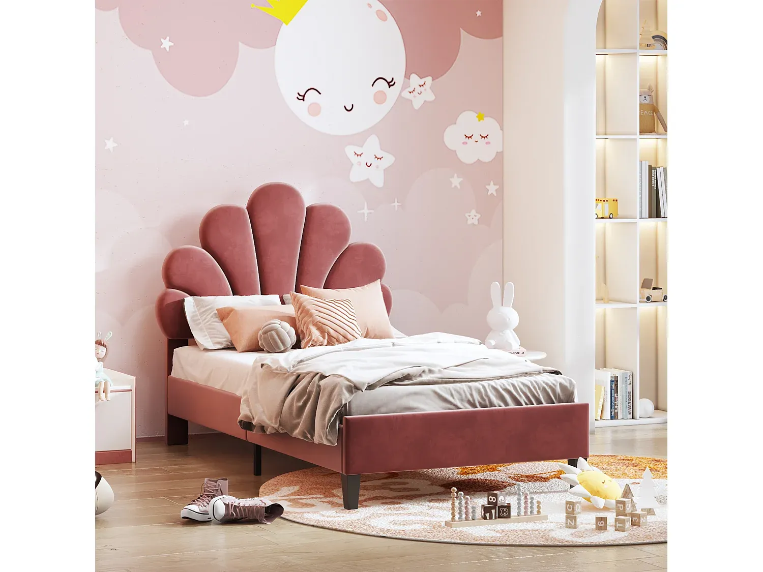 Polsterbett 90 x 200 cm mit blütenförmigem Kopfteil und Lattenrost in Rot-decoravito.com