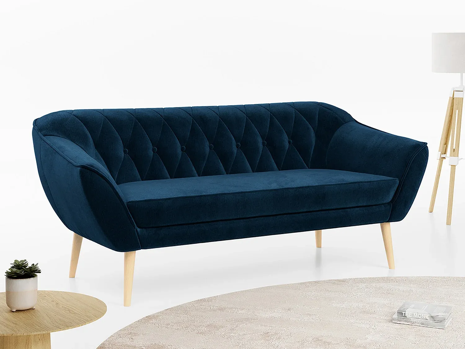 Elegantes Skandinavisches Sofa, 3-Sitzer, Dunkelblau Samt-decoravito.com