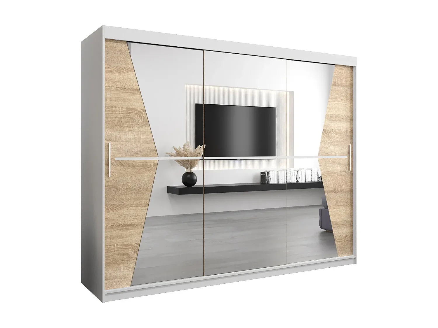 Moderner Schwebetürenschrank in Weiß mit Sonoma-Elementen-decoravito.com