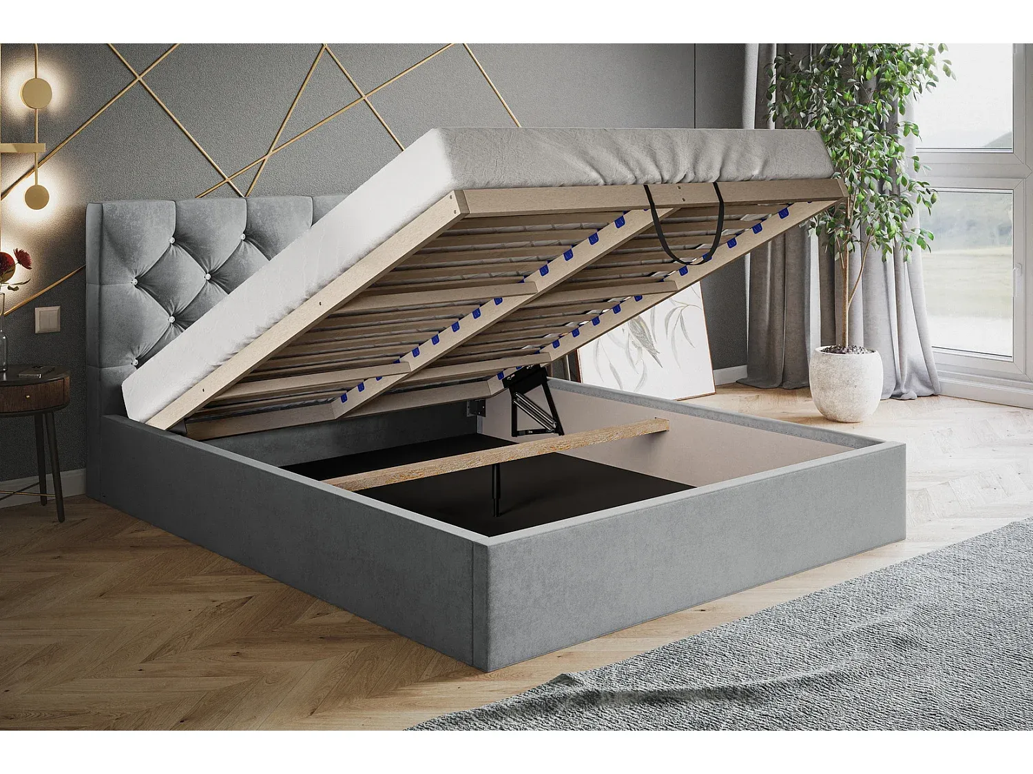 Modernes Doppelbett 180x200 mit Stauraum, Samtbezug, Lattenrost - Grün-decoravito.com
