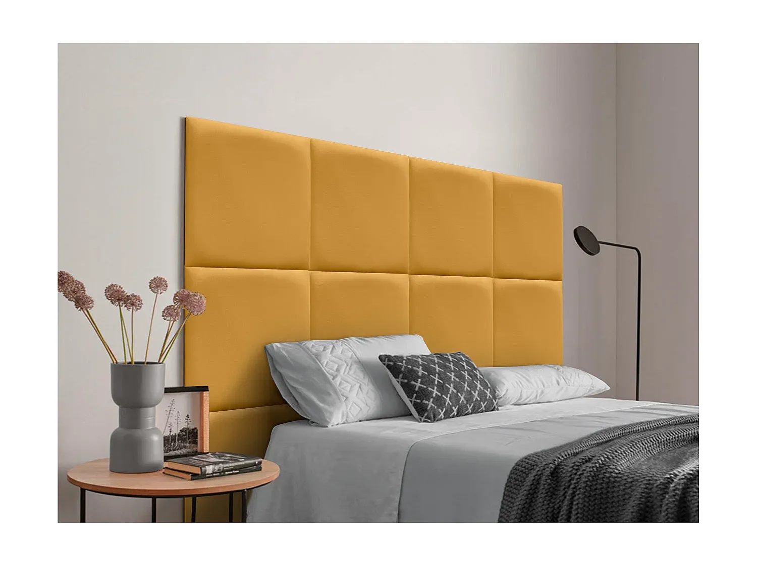 Luxuriös gepolstertes Kopfteil mit Kunstleder, selbstklebende Paneele, Senfgelb, 190 cm-decoravito.com