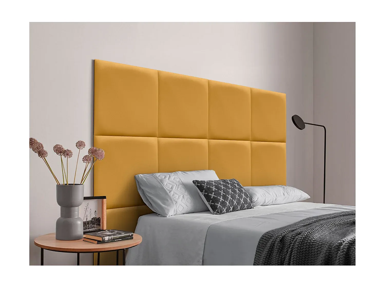 Luxuriös gepolstertes Kopfteil mit Kunstleder, selbstklebende Paneele, 160 cm, Senfgelb-decoravito.com
