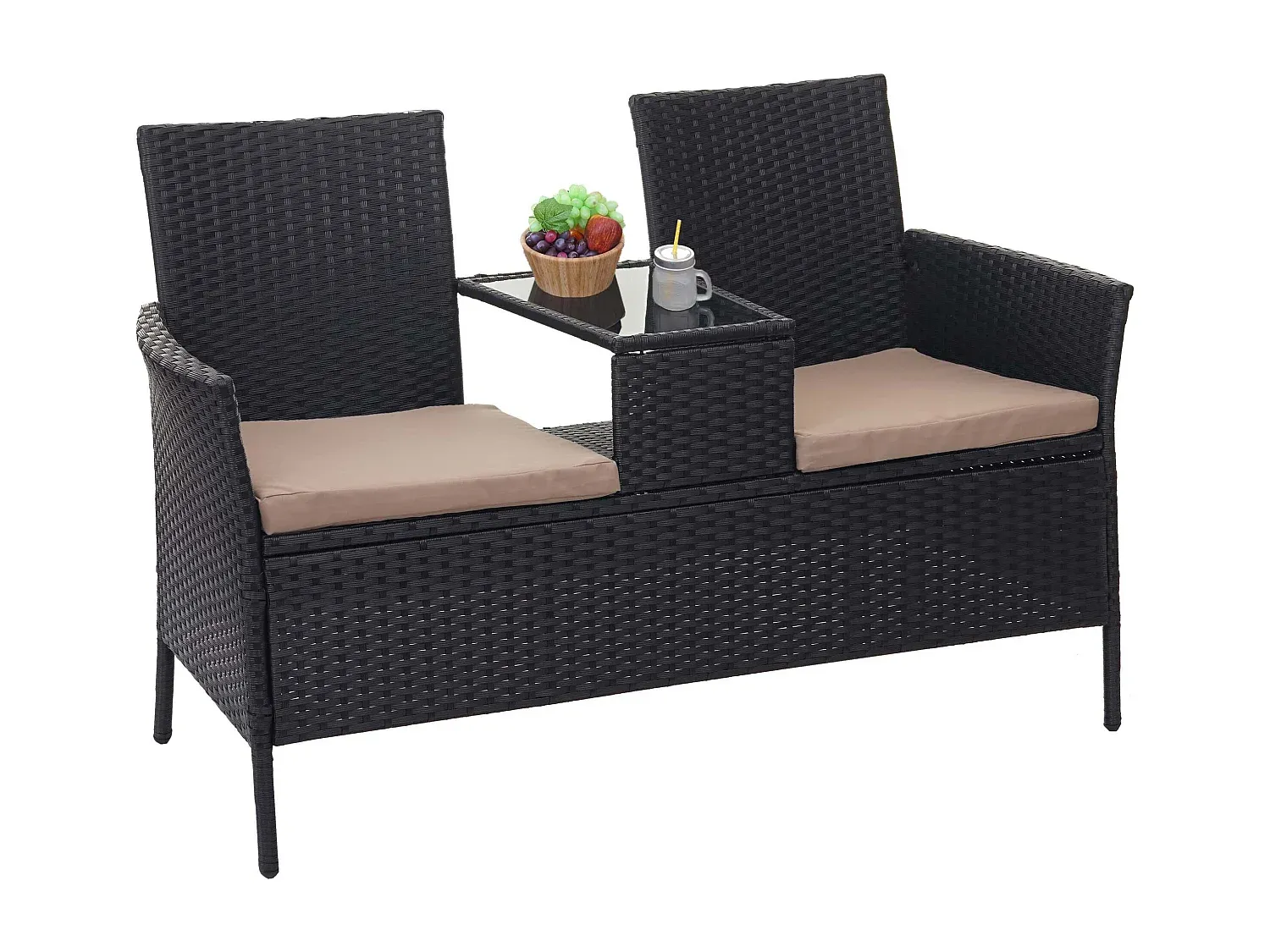 Gartenbank aus Polyrattan mit Tisch und cremefarbenen Kissen-decoravito.com