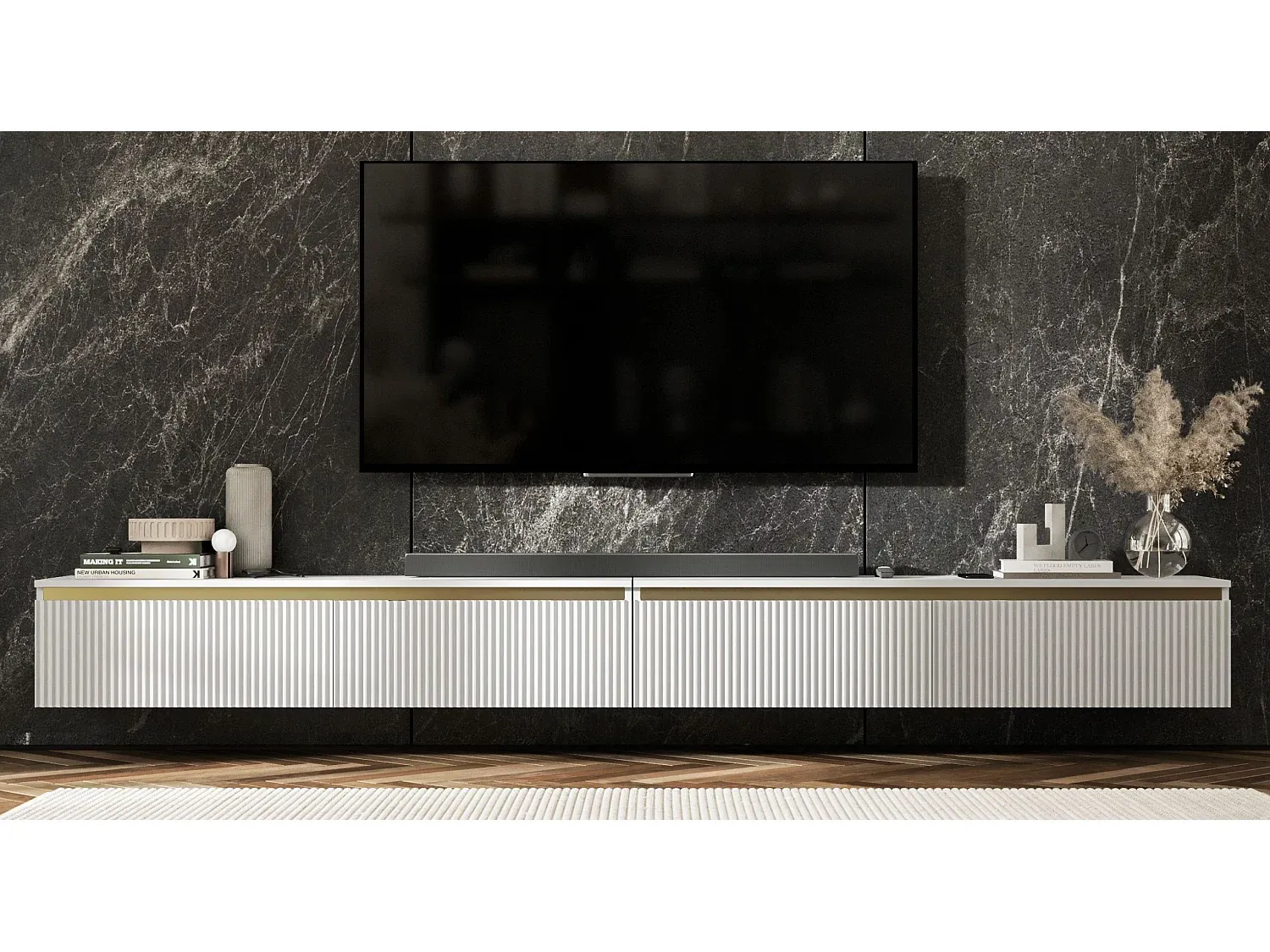 Hängendes TV-Möbel mit 4 Türen und Rillenstruktur-decoravito.com