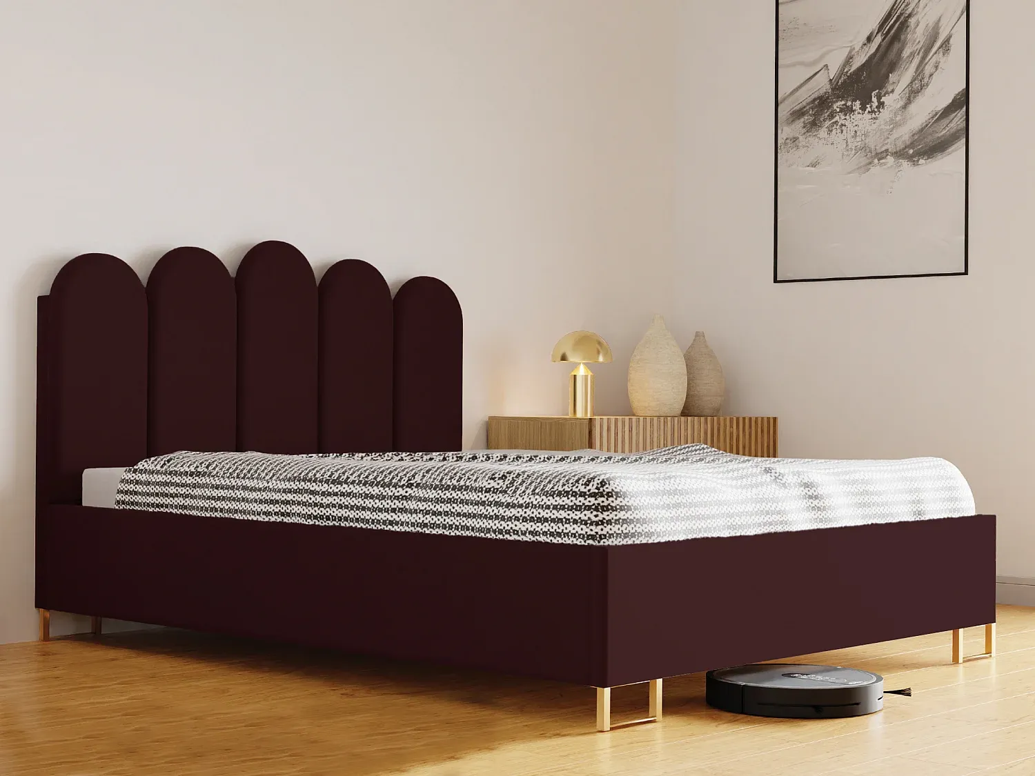Polsterbett mit gepolstertem Kopfteil und Bettkasten in Pudergrün-decoravito.com