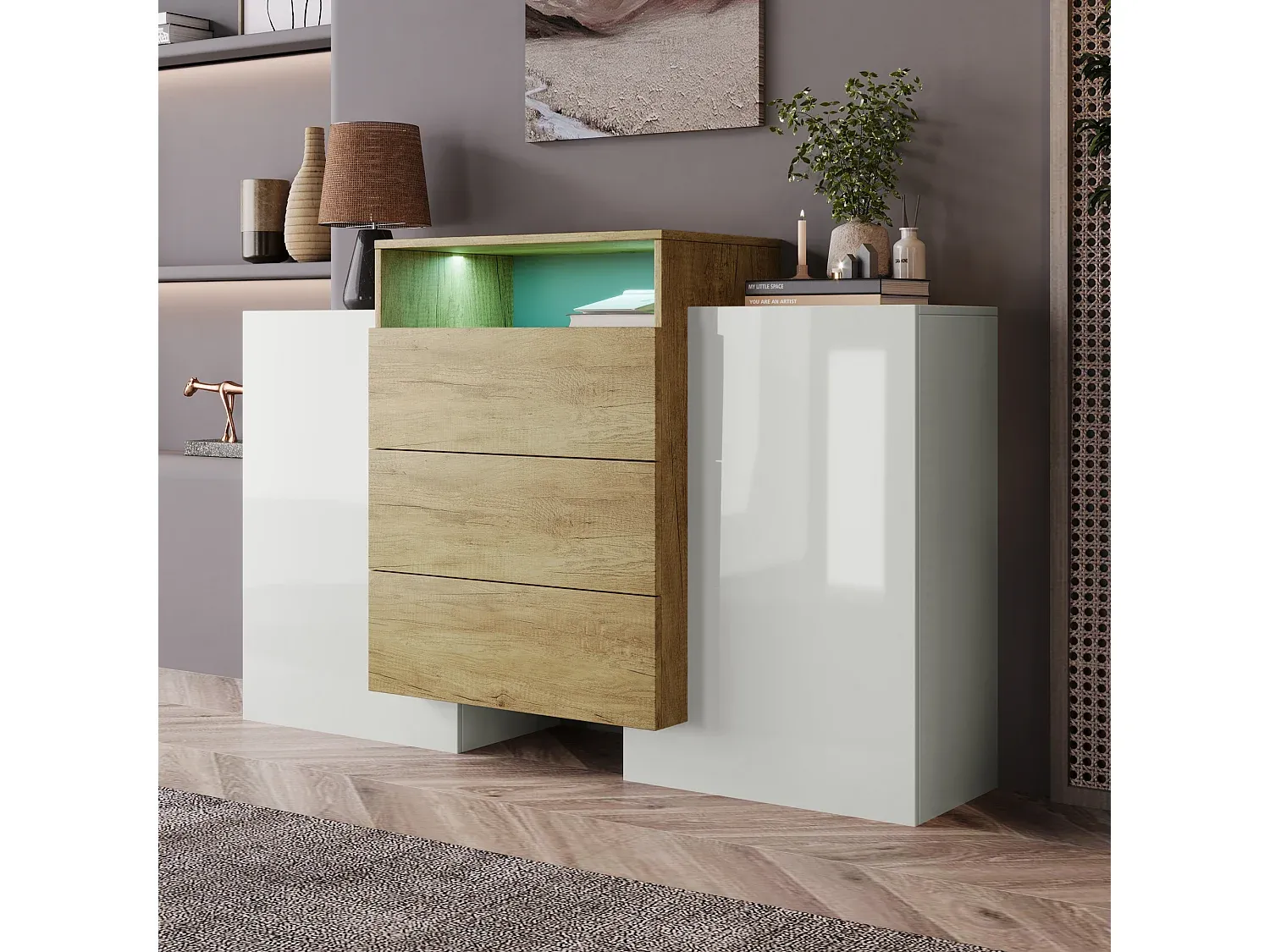 Modernes Sideboard mit Türen und Schubladen, LED-Beleuchtung, Hochglanz Weiß-decoravito.com