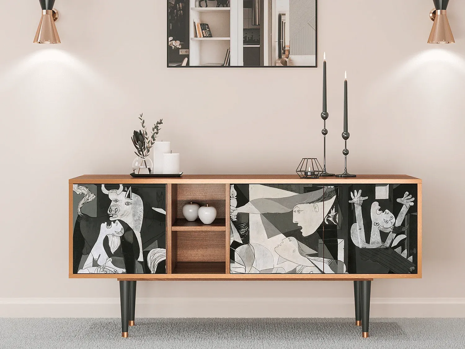 TV-Schrank aus Walnussholz mit Picasso-Design, 150x69x41 cm-decoravito.com