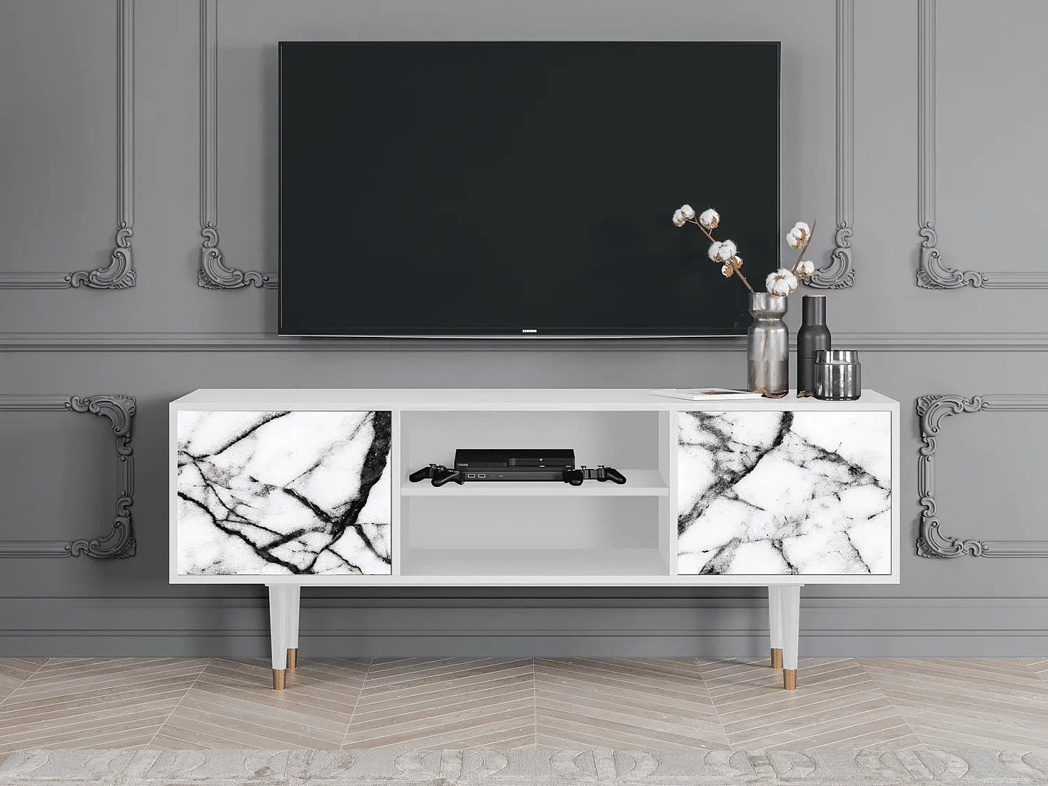 Moderner TV-Schrank mit Marmor-Optik, Weiß, 170 cm-decoravito.com