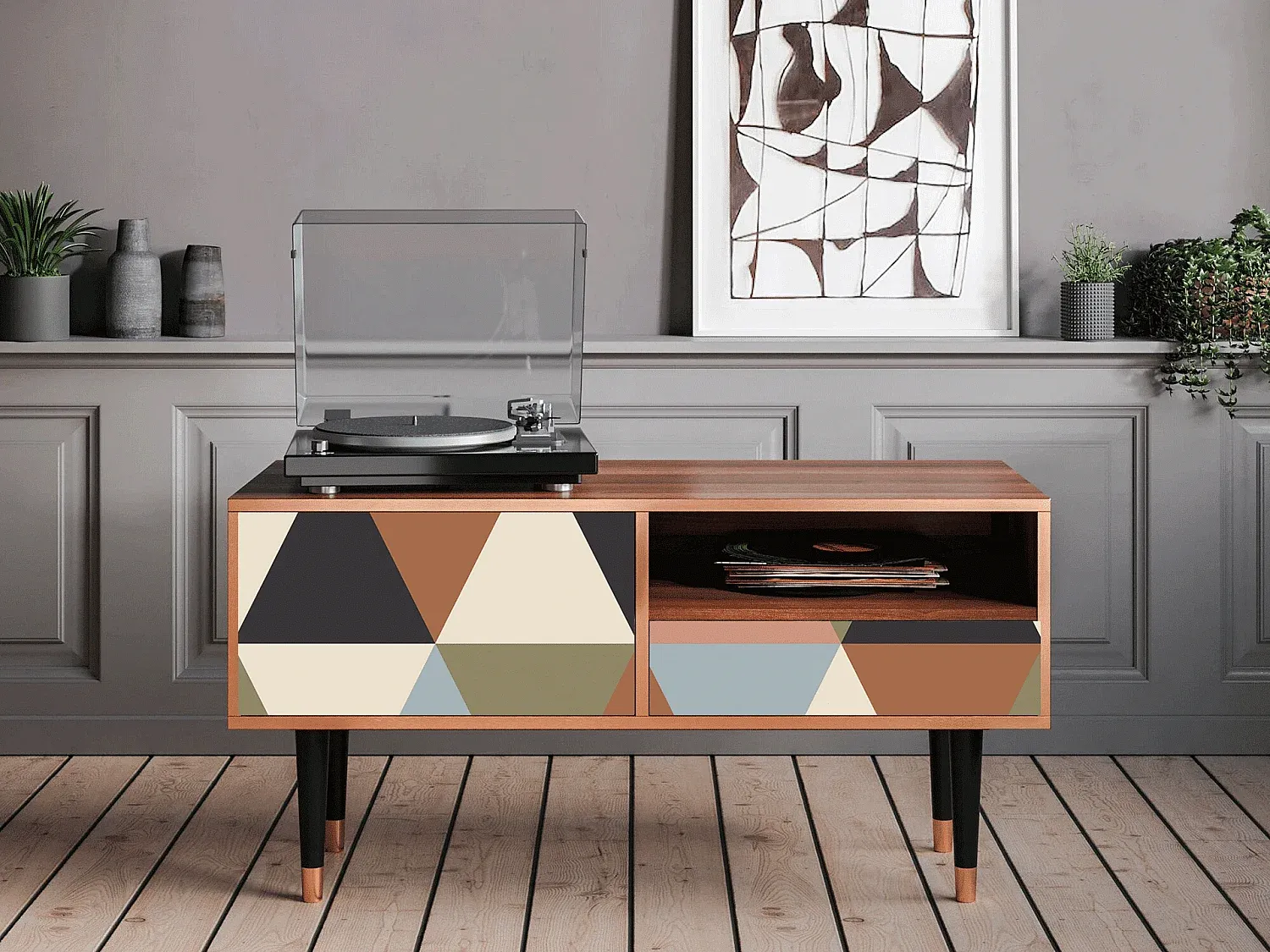 Moderne TV-Kommode mit geometrischem Design, Walnuss-decoravito.com