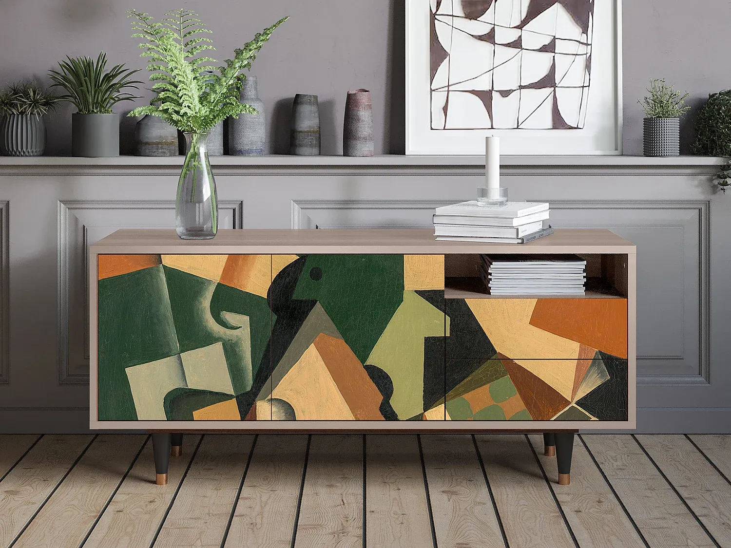 Moderner TV-Schrank mit Glas und Schachbrettmuster, Latte, 125x56x41 cm-decoravito.com
