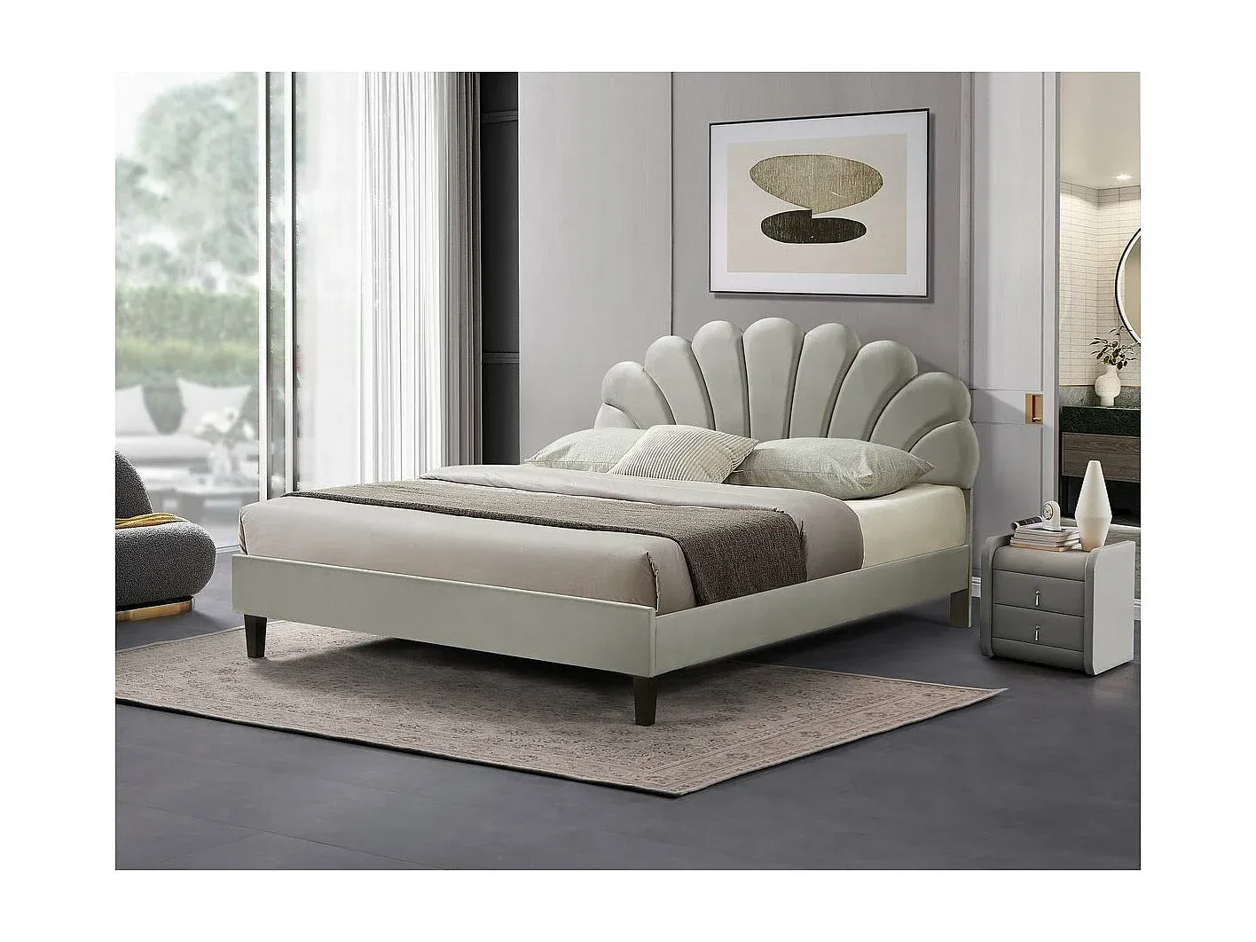 Elegantes Muschelbett aus Samt - 160 x 200 cm - Grau-decoravito.com