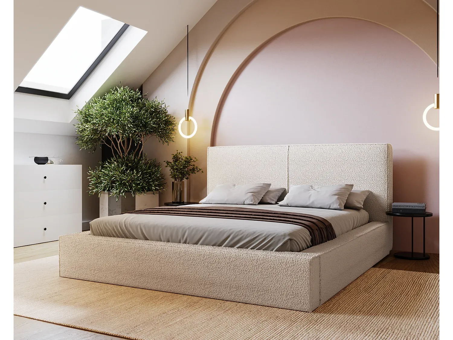 Bequemes Polsterbett 180x200 mit Bettkasten in Creme-decoravito.com
