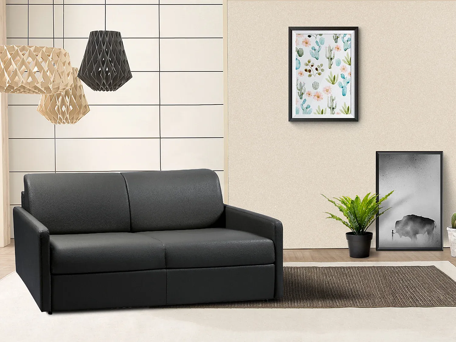 Kunstleder Schlafsofa in Schwarz mit 3 Sitzplätzen und 14 cm Matratze-decoravito.com