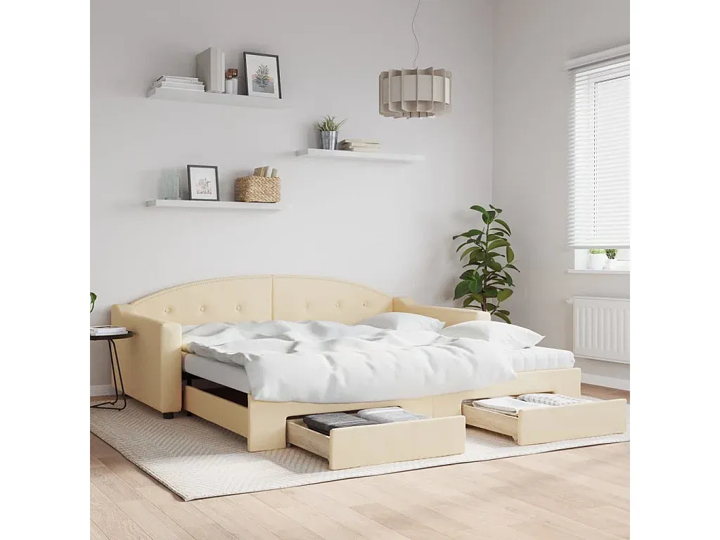 Ausziehbares Tagesbett mit Schubladen Stoff Creme 100x200 cm-decoravito.com