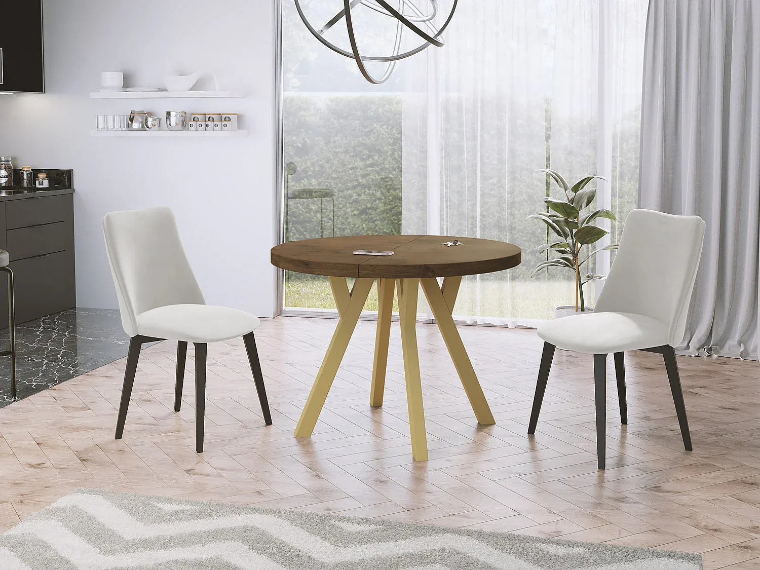 Ausziehbarer Esstisch im industriellen Design mit goldenen Beinen-decoravito.com