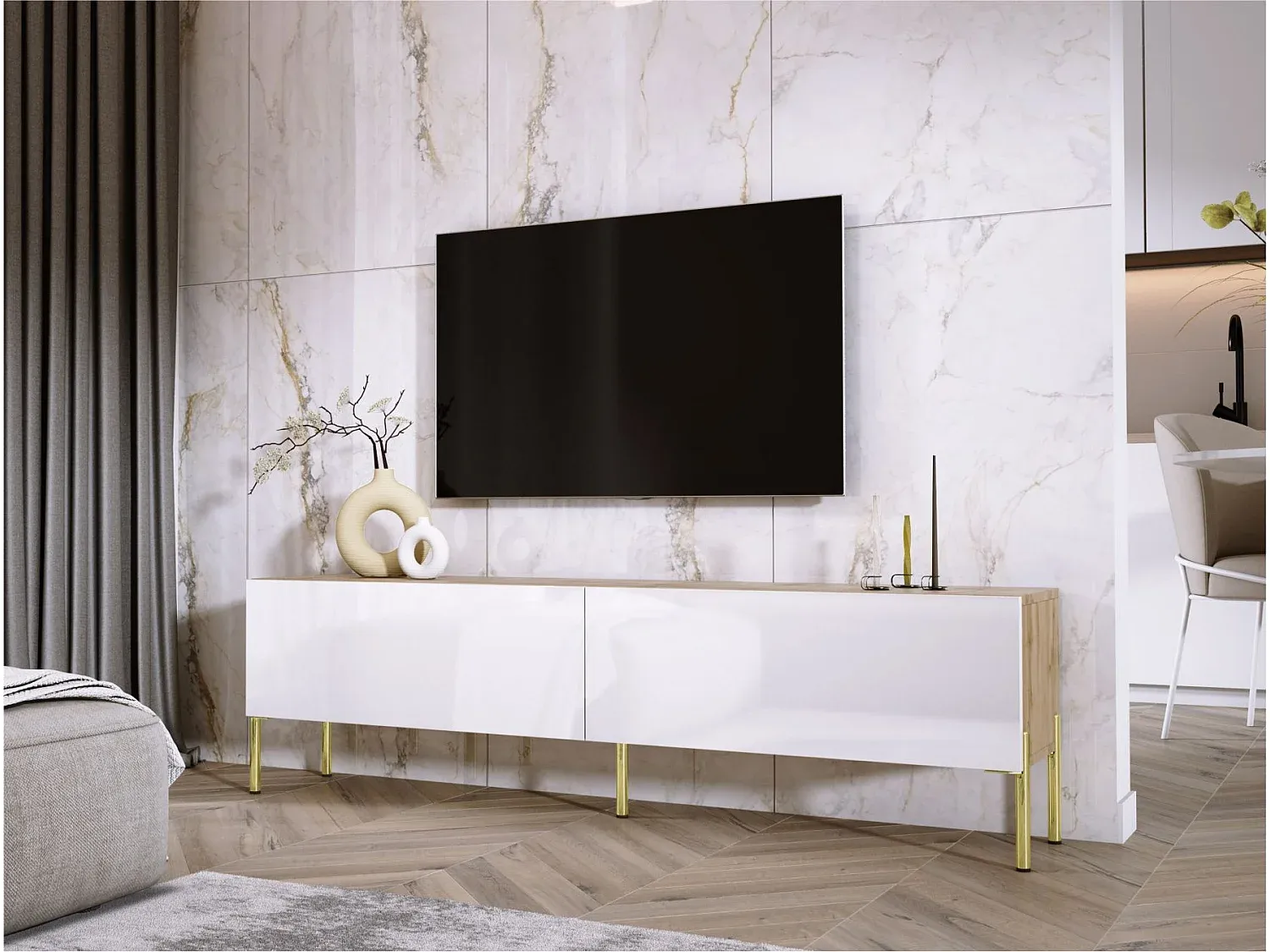 Moderner Fernsehtisch aus Eiche und Weiß mit goldenen Beinen-decoravito.com