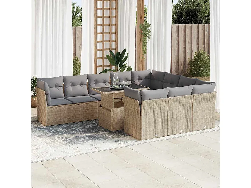 Garten-Sofagarnitur mit 11 Teilen und Kissen Beige Rattan-decoravito.com
