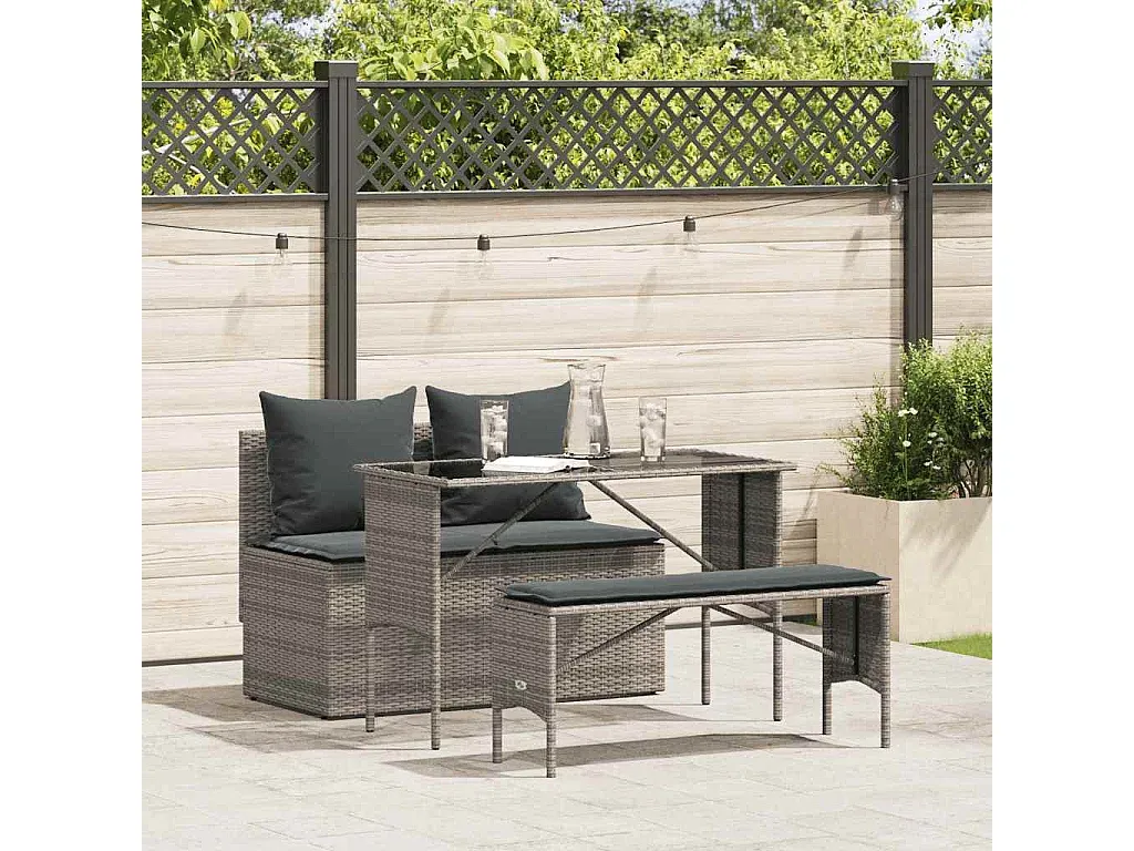 Outdoor Essgruppe mit Kissen Grau Rattan-decoravito.com