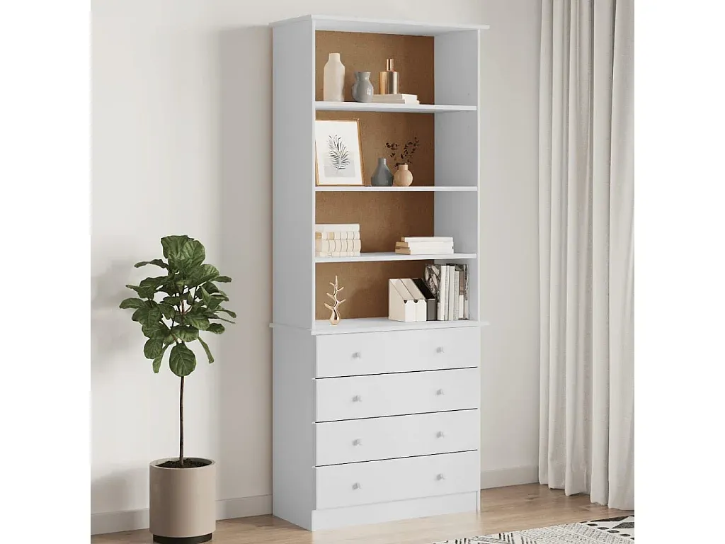 Weißes Bücherregal mit Schubladen aus Kiefernholz-decoravito.com