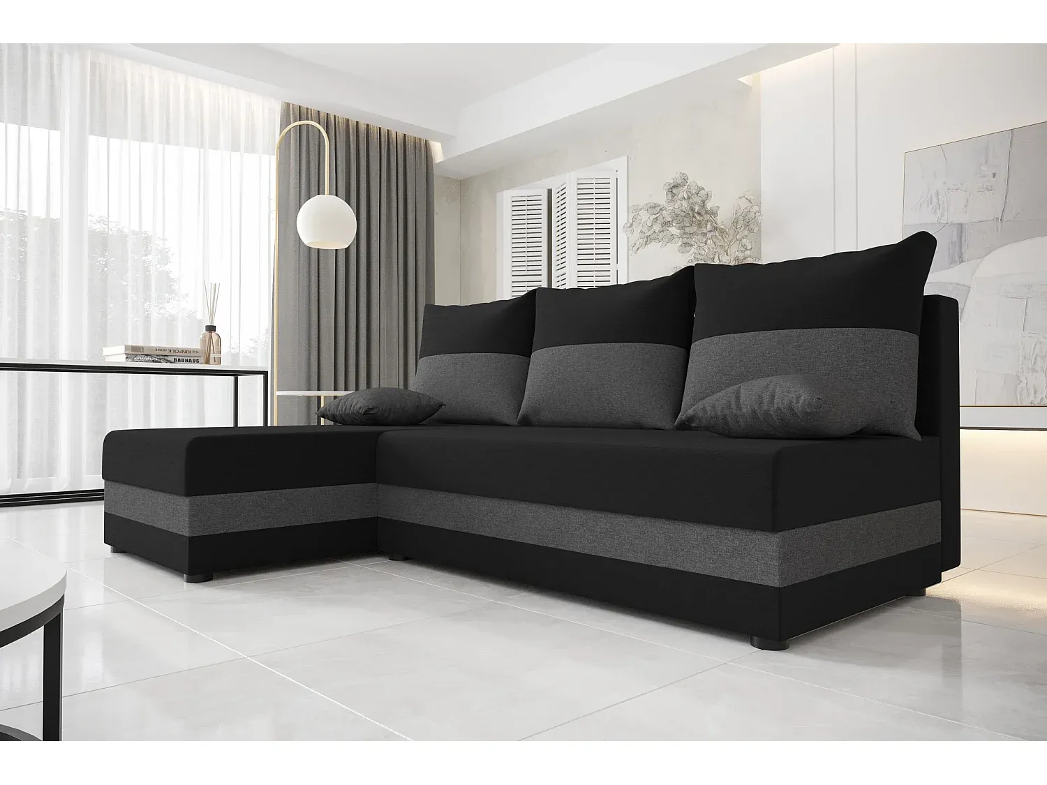 Ecksofa mit Schlaffunktion und Stauraum, Schwarz/Grau, L-Form-decoravito.com