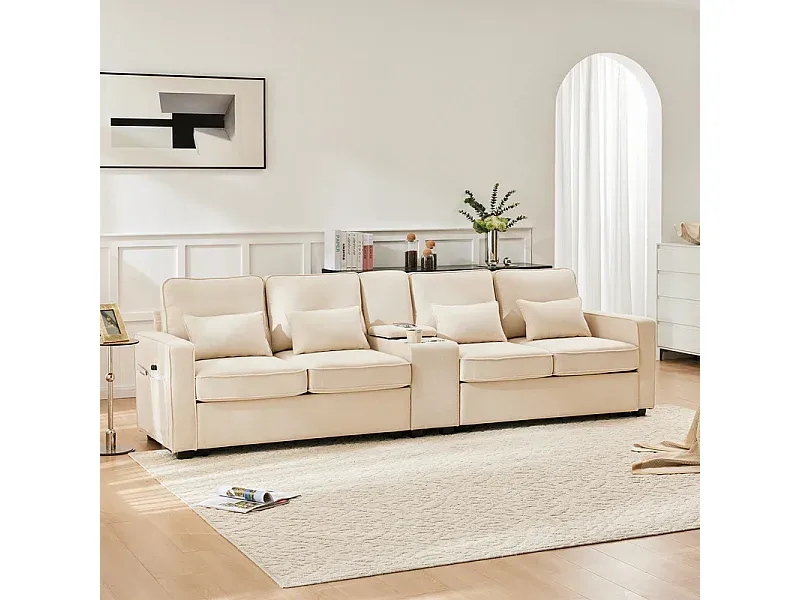 Bequemes 4-Sitzer Sofa aus Leinenstoff mit USB und Getränkehalter-decoravito.com