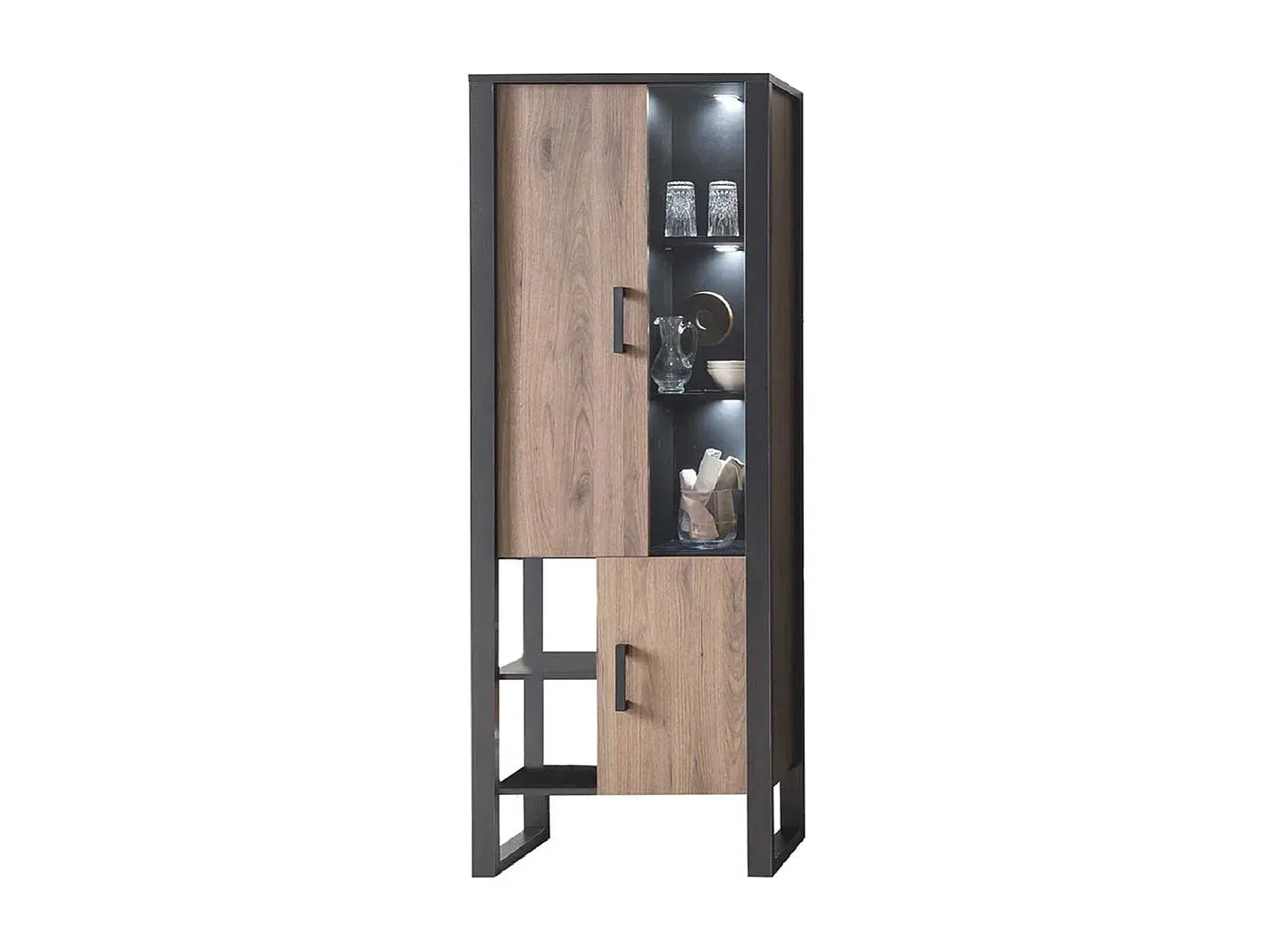 Wohnzimmer Vitrine mit offenen Fächern und Türen in Nussbaum und Schwarz-decoravito.com