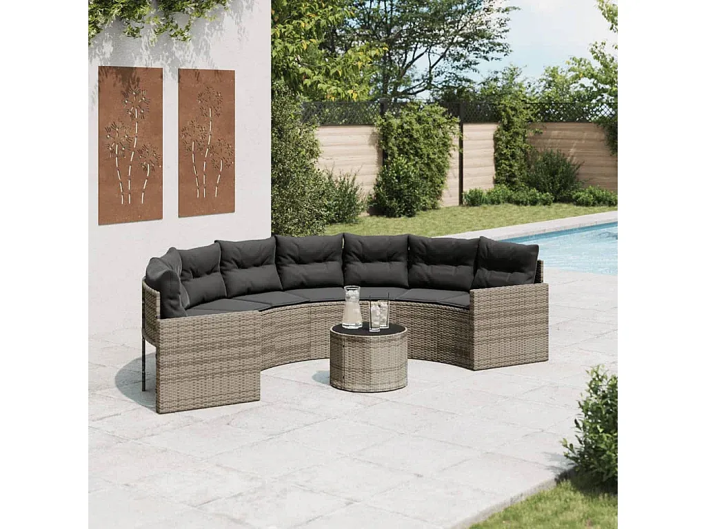 Halbrundes Rattan-Gartensofa mit Tisch und Kissen in Grau-decoravito.com