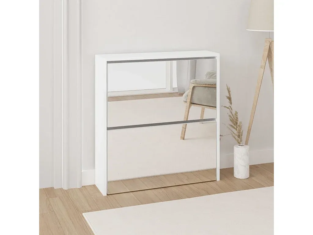 Hochglänzender Schuhschrank mit Spiegel, 2 Fächer, Weiß, 63x17x67 cm-decoravito.com