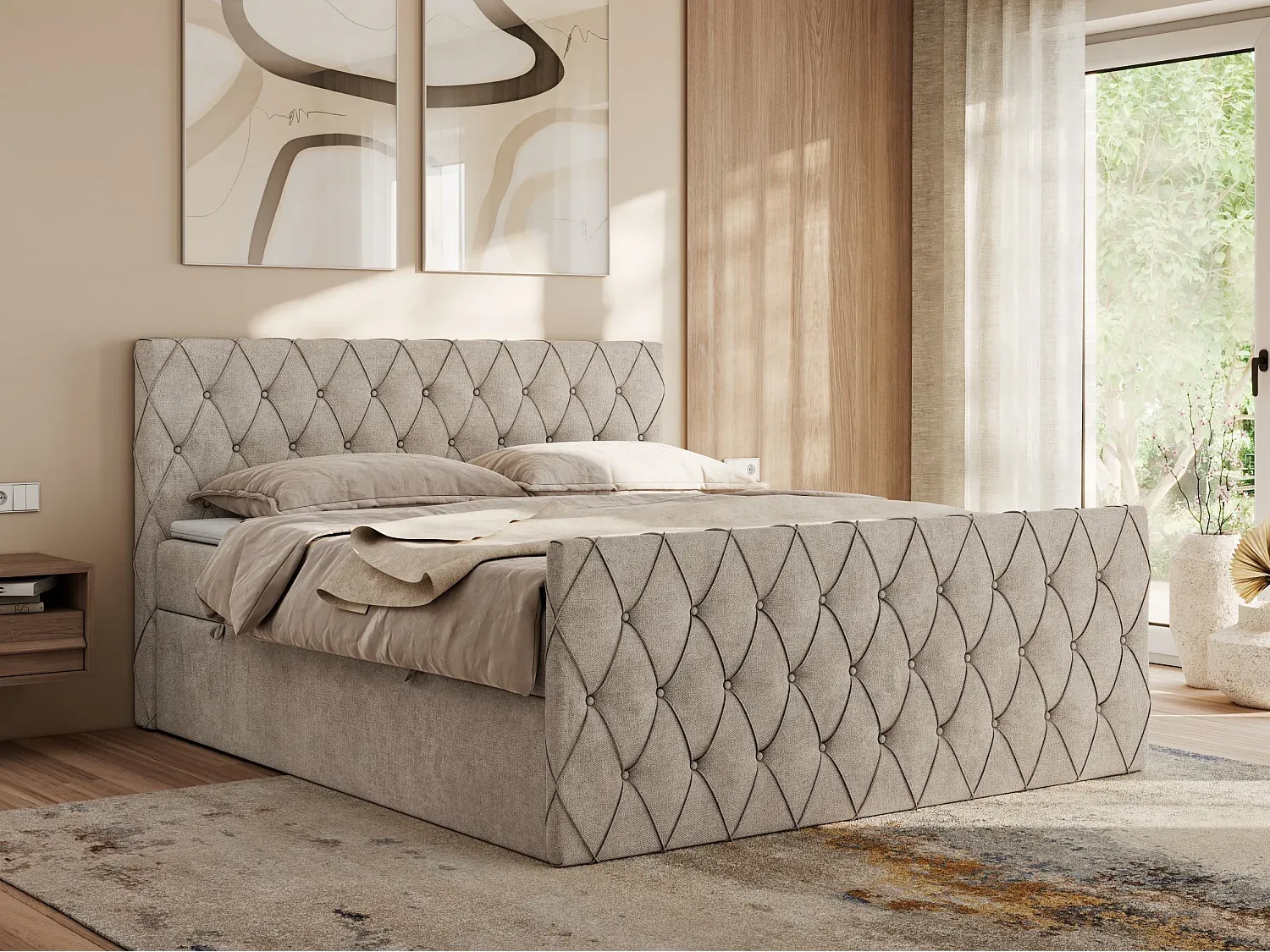 Gemütliches Boxspringbett mit gesteppter Front und Stauraum - 120x200 cm - Härtegrad H3 - Beige-decoravito.com