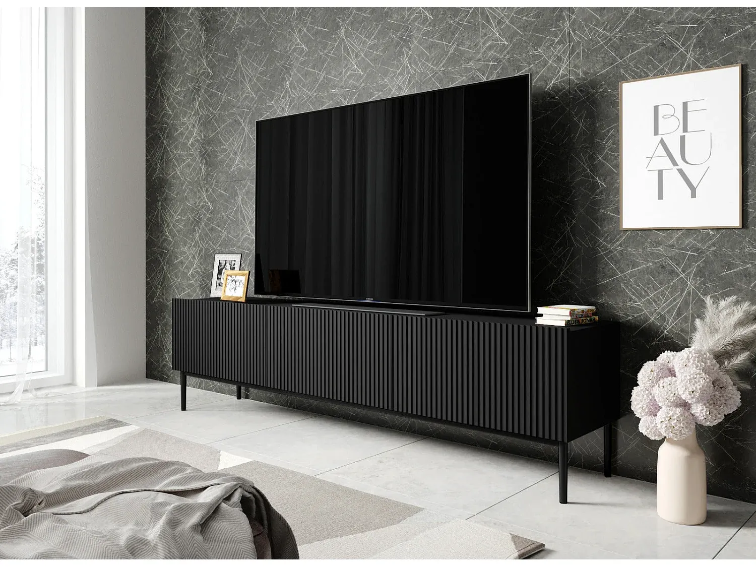 Fernsehtisch mit Klapptüren und Schublade, schwarz, 200x45 cm-decoravito.com