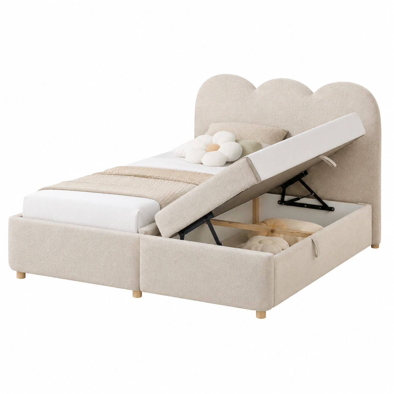 Cama tapizada beige con almacenaje oculto-loftmira
