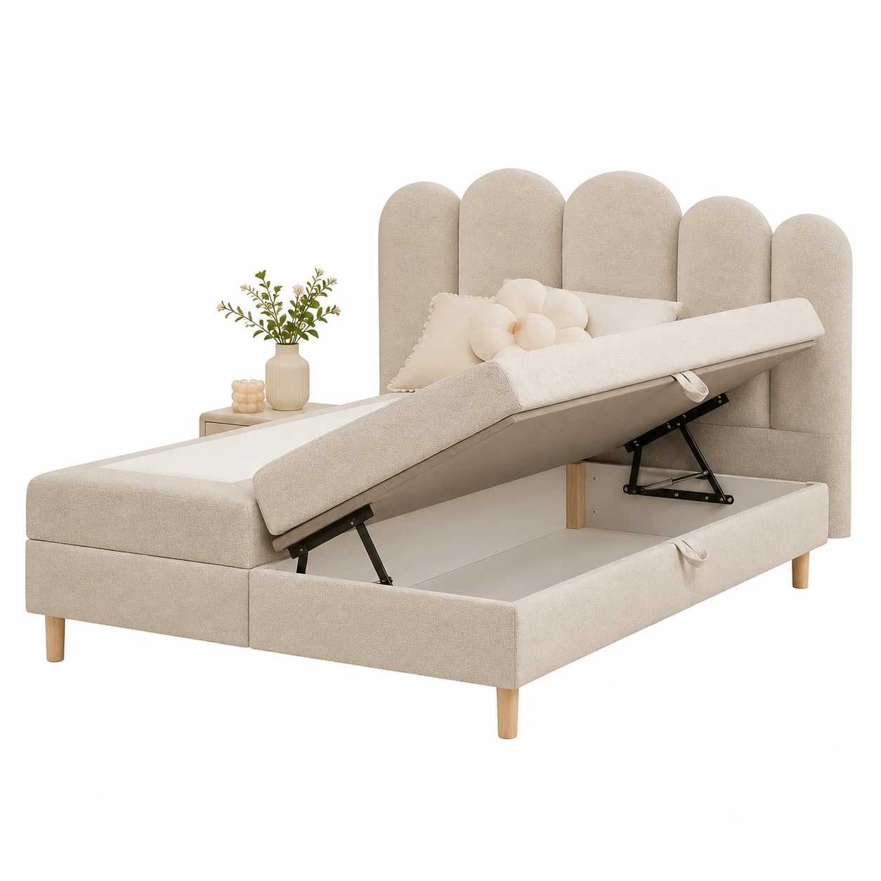 Cama infantil tapizada beige con almacenaje elevable-loftmira