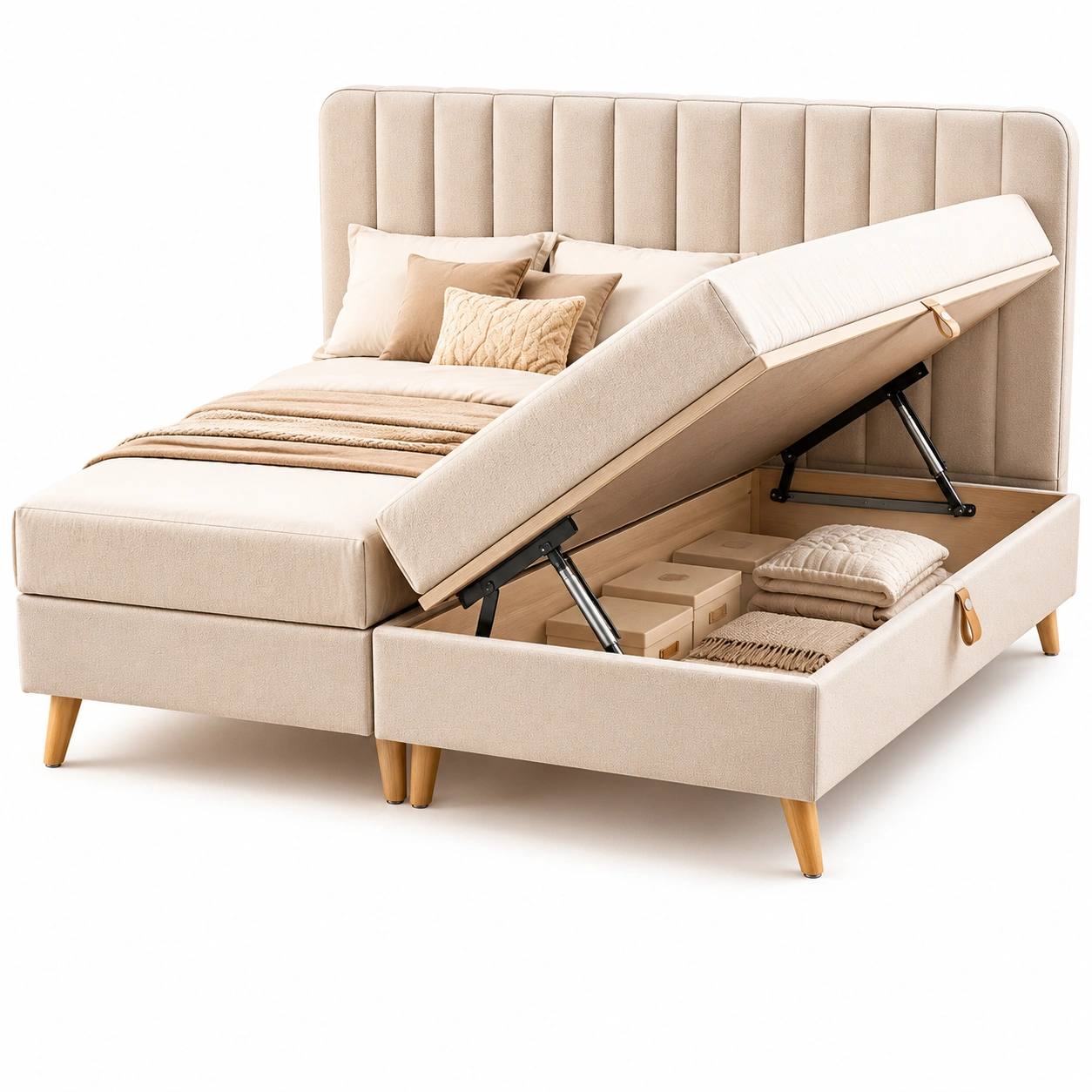Cama moderna tapizada beige con almacenamiento lateral-loftmira