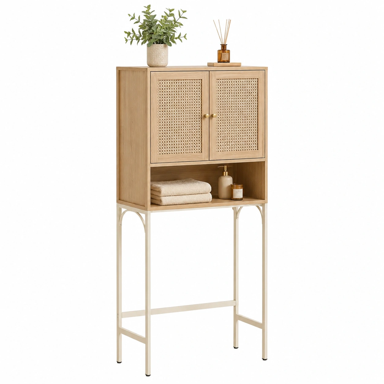 Armario alto nordico de madera con puertas de rejilla-loftmira