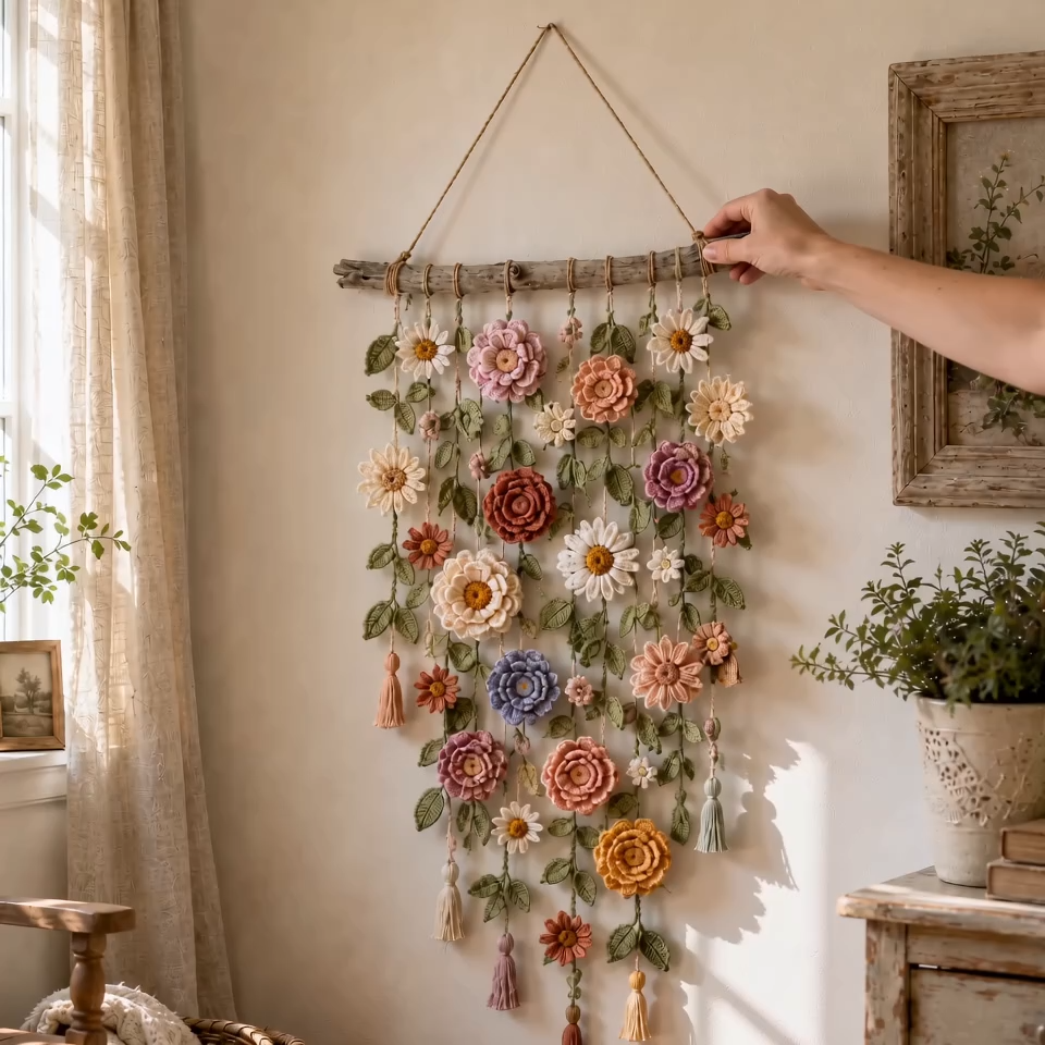 Boho Crochet Flower Wall Hanging Decor