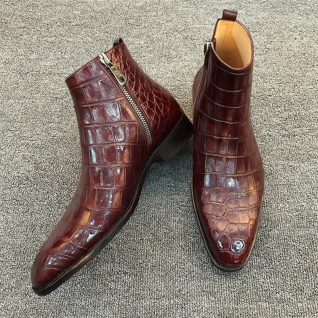 Men's Crocodile Embossed Leather Side Zip Dress Ankle Boots