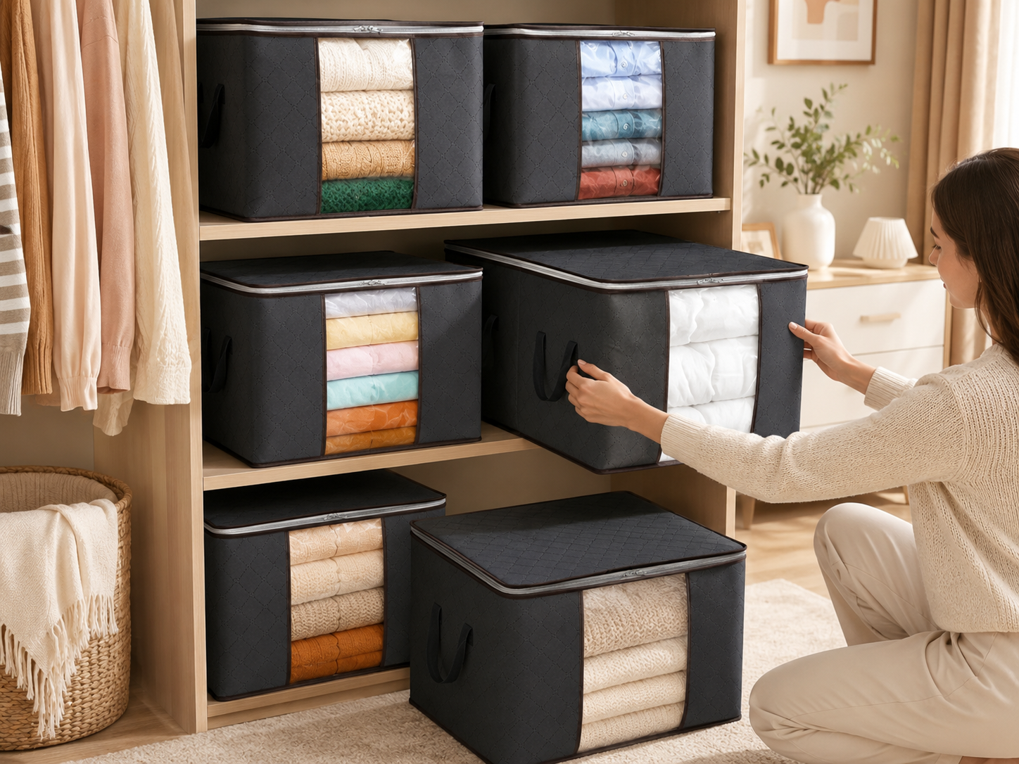 Suggested image: close-up of a clear window on a fabric storage bin showing folded clothing inside