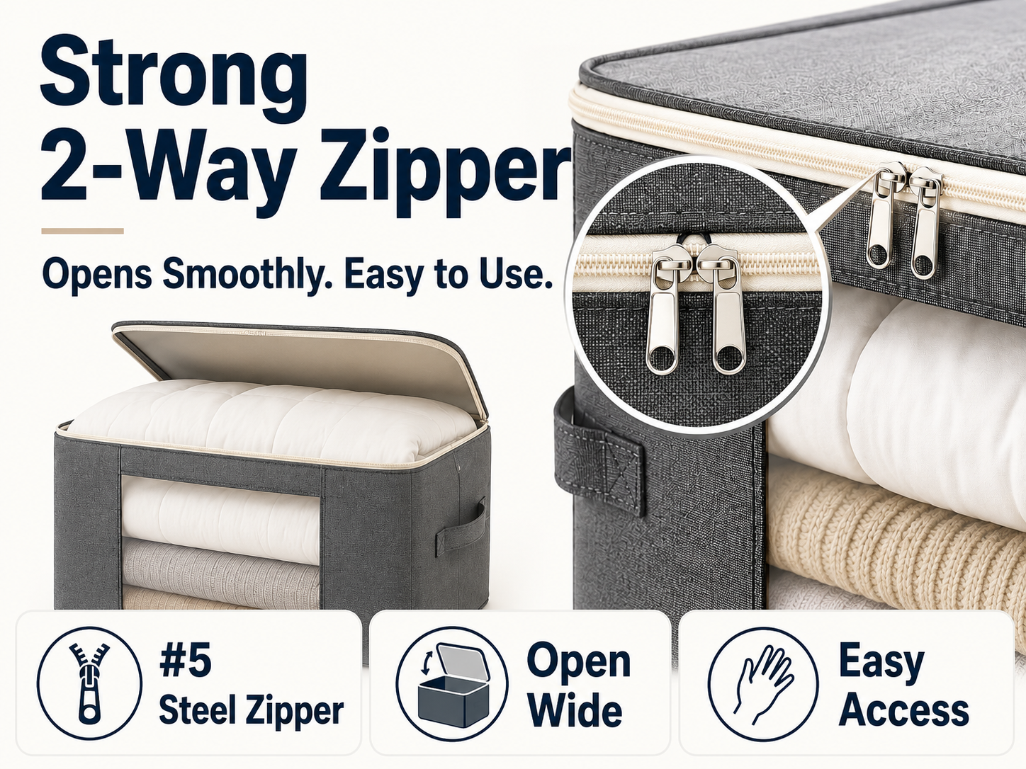 Suggested image: close-up of two-way stainless steel zipper on a fabric storage bin lid