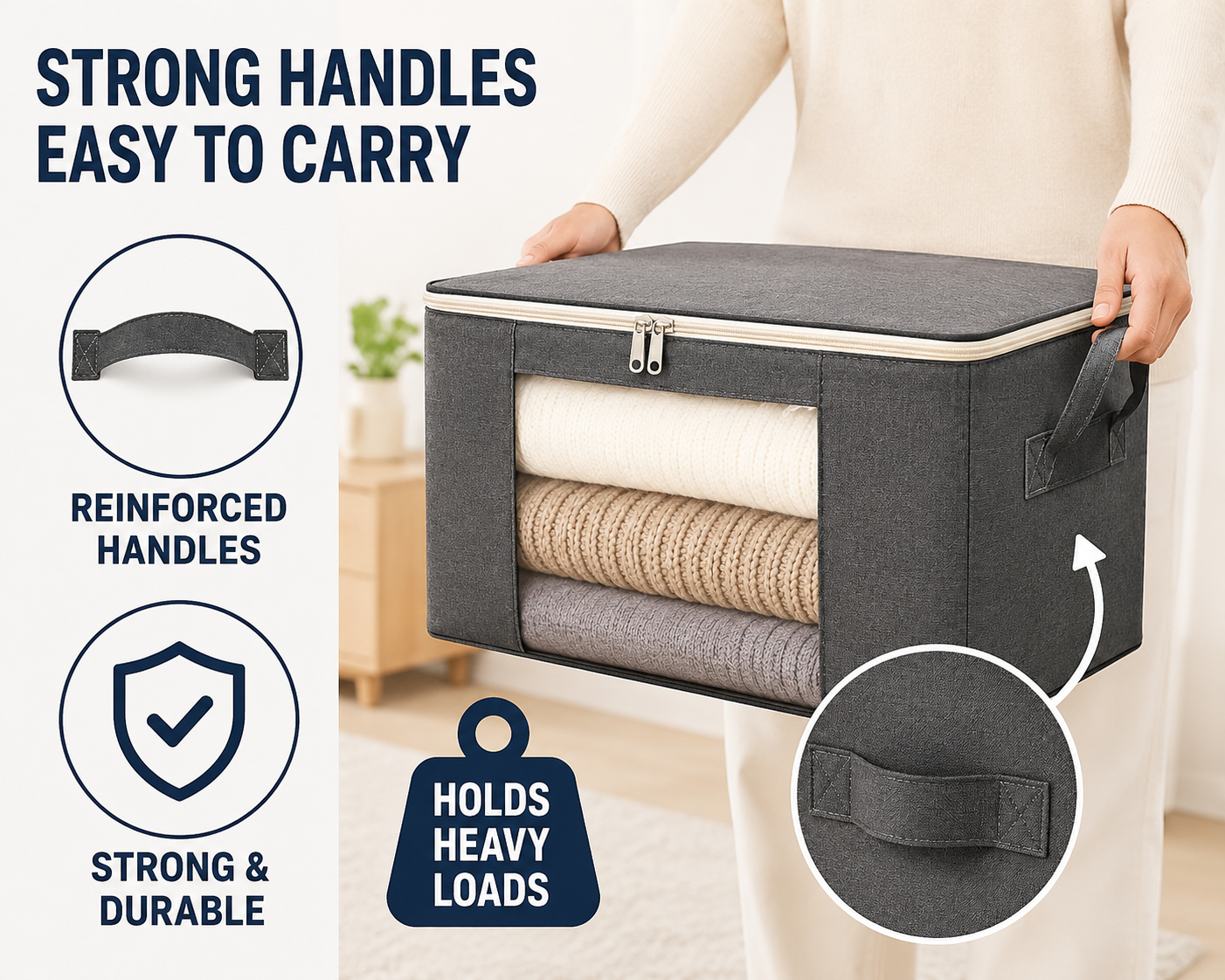 Suggested image: close-up of reinforced handles being lifted on a clothes storage bin