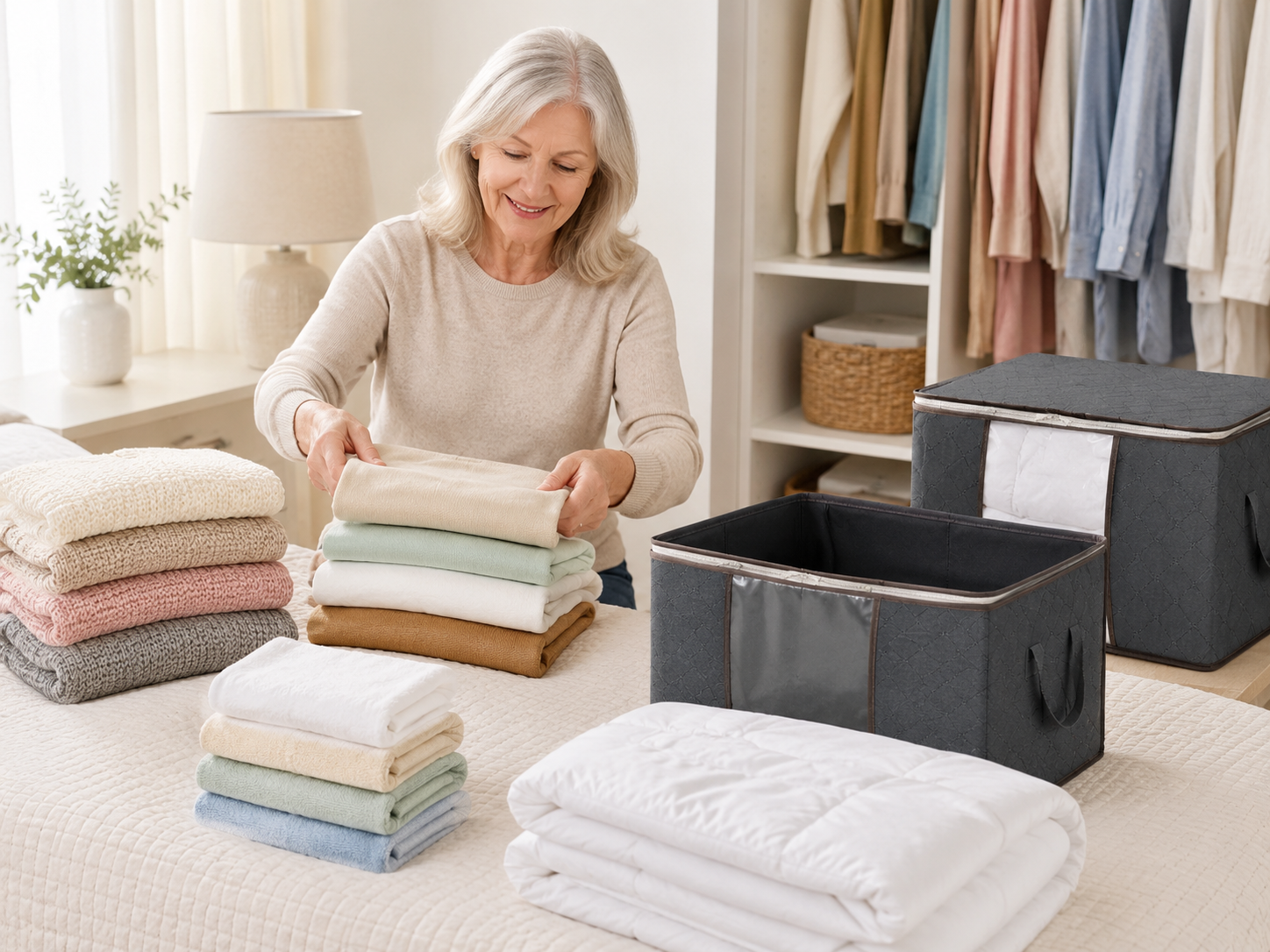 Suggested image or GIF: hands folding clothes into a 60L storage bin, zipping the lid, and placing it in a closet