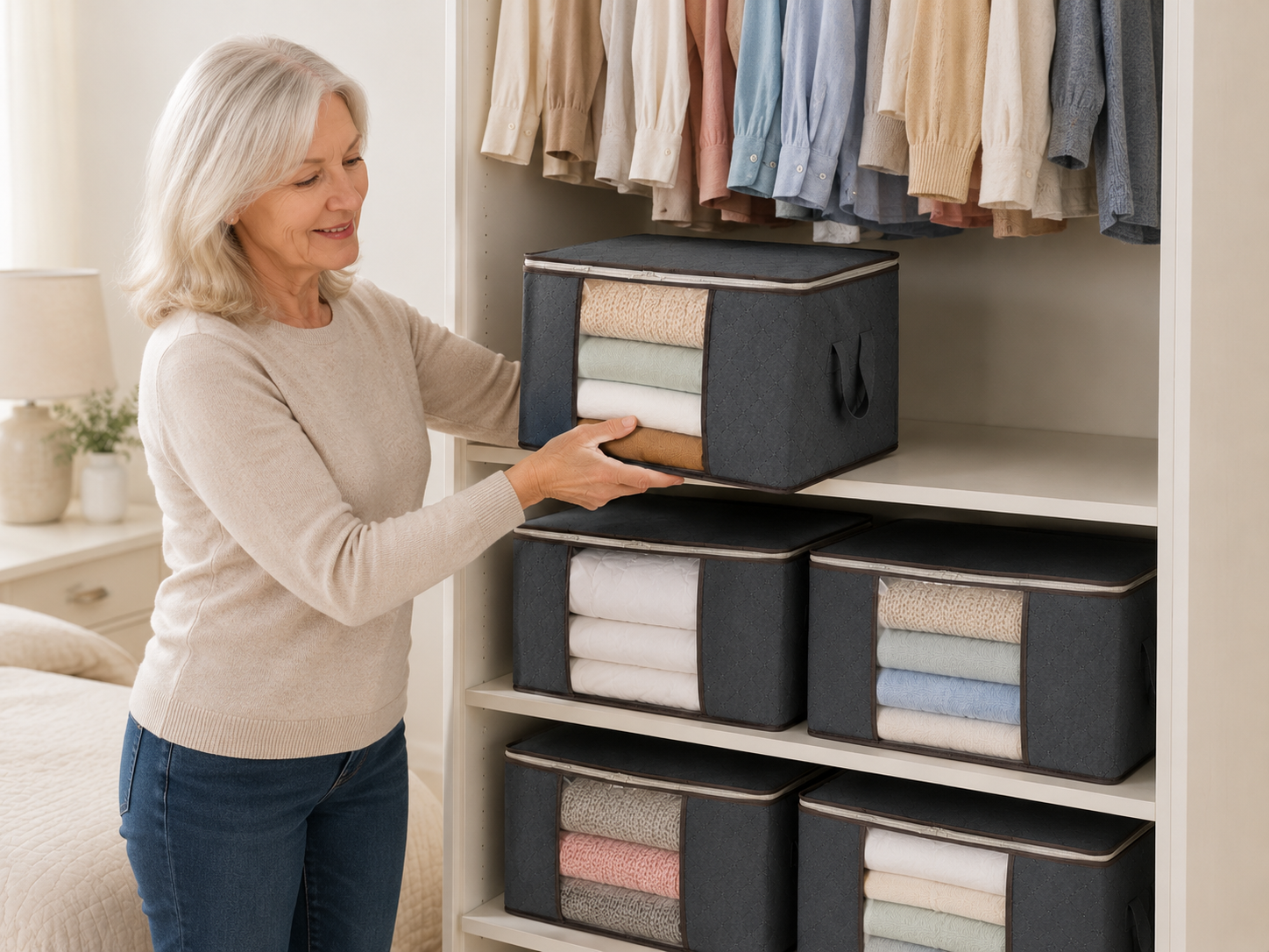 Suggested image: comparison graphic showing messy closet piles versus organized 60L clothes storage bins with clear windows and handles