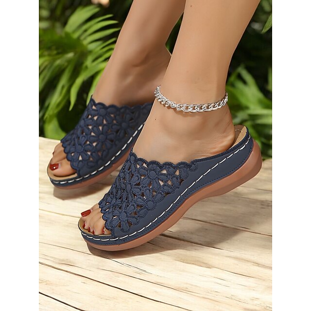 Women's White Floral Lace Slip-On Sandals – Comfortable Flat Sandals with Scalloped Edges for Summer, Beach & Casual Wear