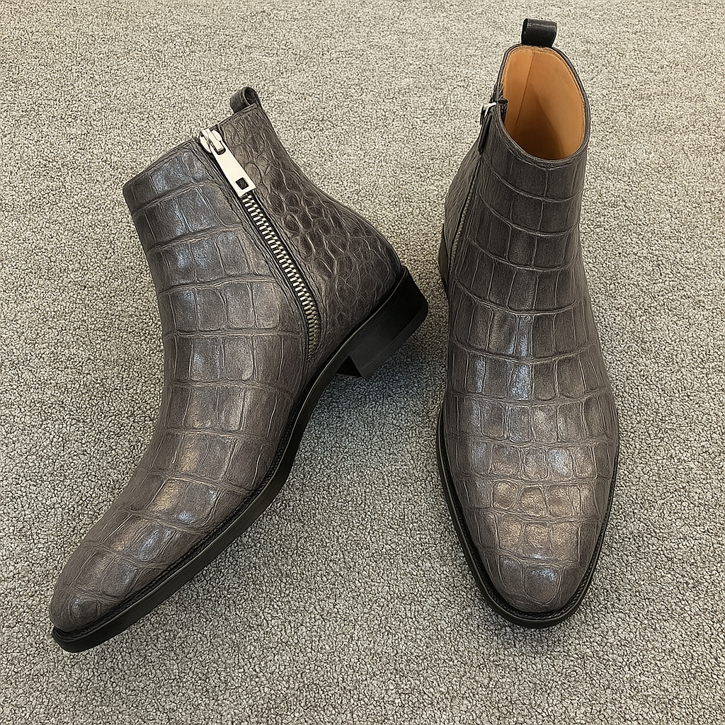 Men's Crocodile Embossed Leather Side Zip Dress Ankle Boots