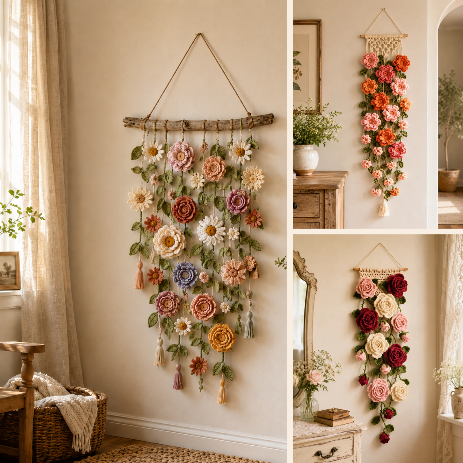 Boho Crochet Flower Wall Hanging Decor