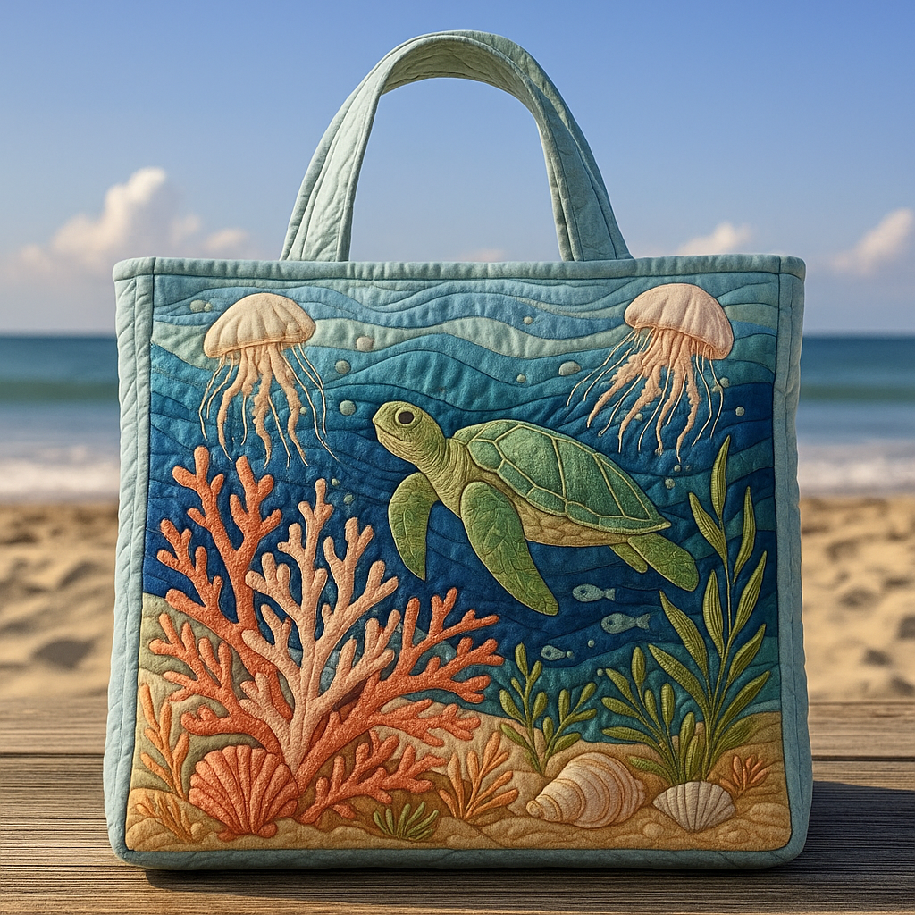 Coral Reef Sea Turtle Quilted Tote Bag