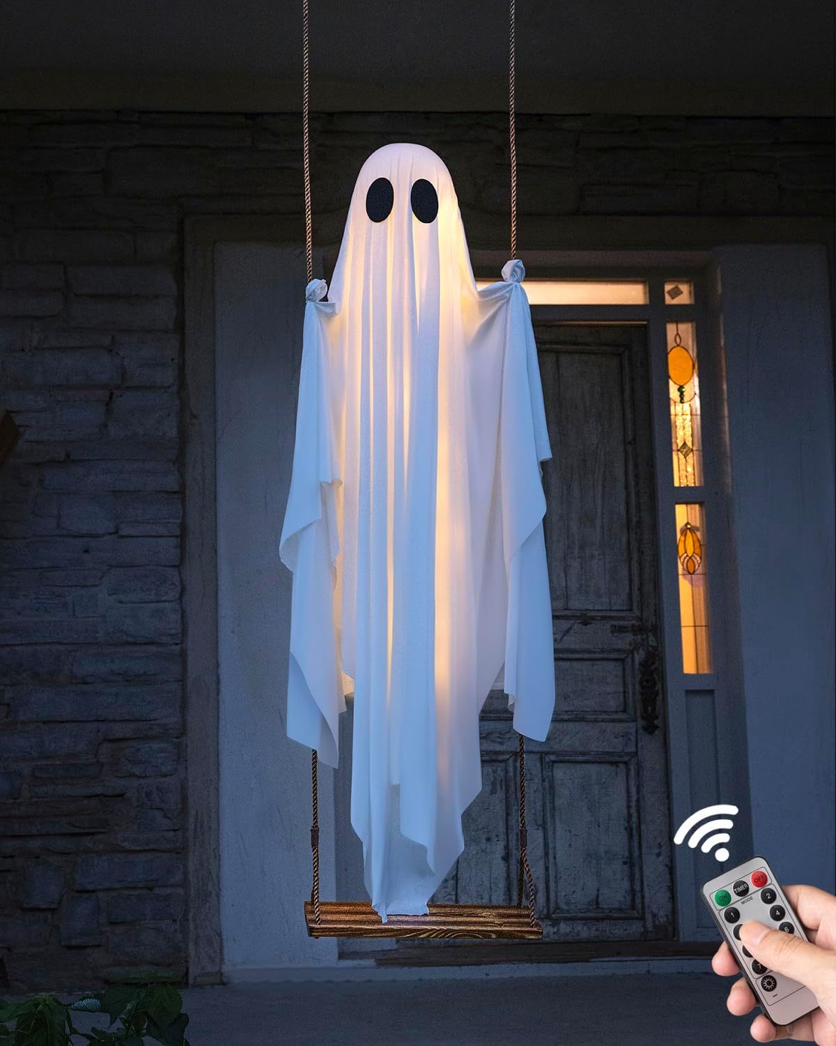 🔥Halloween Decorations Outdoor Hanging Swing Ghost Halloween Decor with String Lights, Spooky Cute Ghosts Decorations for Front Porch Yard Tree