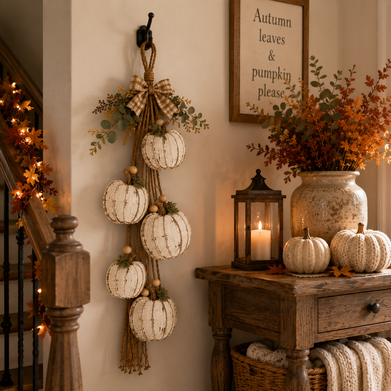 5-Pumpkin Rustic White Hanging Swag – Fall Door & Wall Decor