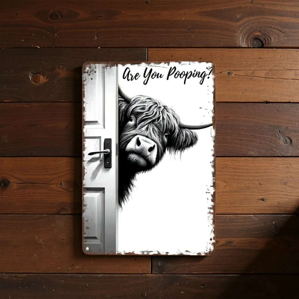 Vintage Highland Cow Metal Sign – Funny "Are You Pooping?" Wall Decor